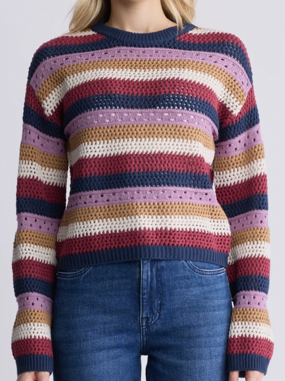 EUC Buffalo Women’s Wrenlee Openwork Knit Striped Long Sleeved Sweater Medium - Picture 2 of 11